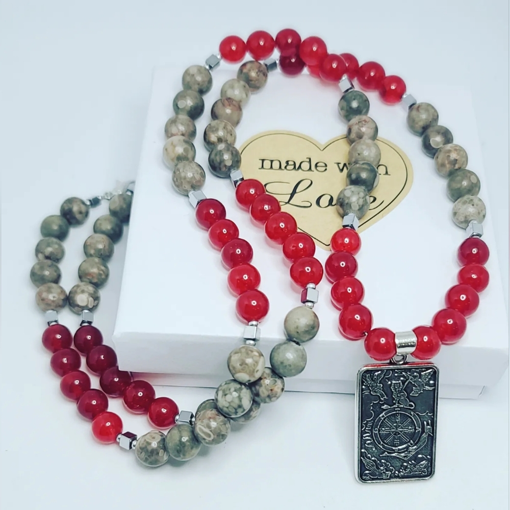Red Agate, Jasper, Wheel of Fortune Taro card necklace